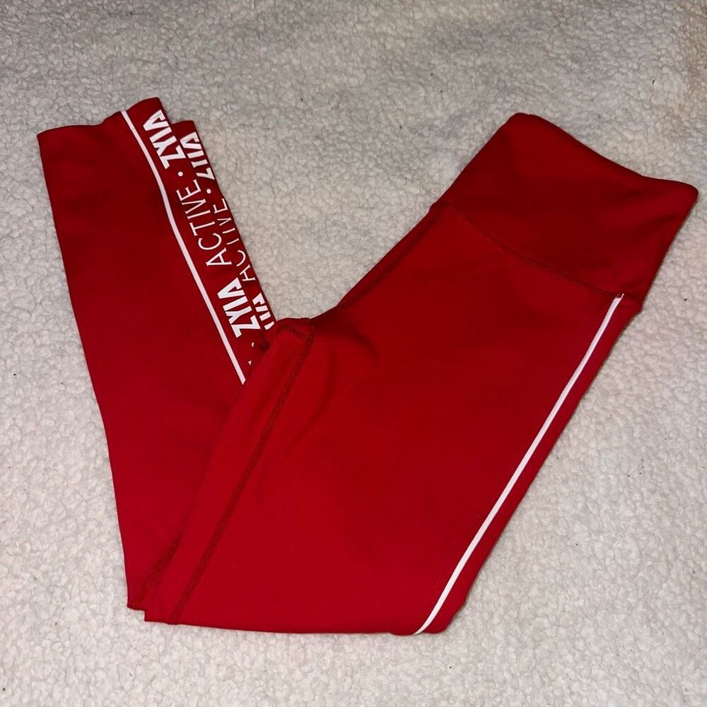Zyia Active Women’s Size 4 Red White Logo Graphic Athletic Ankle Leggings NWOT